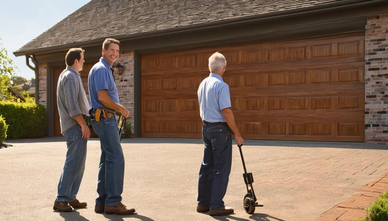 A homeowner and a garage door provider look over an older garage door in Broomfield